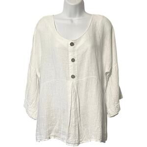 Laura Bianchi 100% Linen Blouse White Italy 3/4 Sleeve Minimalist Size L Beach